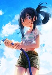 Rule 34 | 1girl, :&gt;, asui tsuyu, belt, boku no hero academia, bra, brown belt, cloud, day, frog girl, green shorts, hair between eyes, hair rings, holding, holding hose, hose, looking at viewer, ohhhhhhtsu, outdoors, shirt, shorts, sky, solo, striped bra, striped clothes, underwear, water, wet, wet clothes, wet shirt