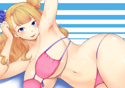 Rule 34 | 1girl, armpits, bikini, blonde hair, blue eyes, blush, breasts, cleavage, curvy, fangs, female pubic hair, galko, hip focus, huge breasts, long hair, looking at viewer, lying, navel, on side, open mouth, oshiete! galko-chan, pink bikini, pubic hair, pubic hair peek, smile, solo, sparkle, swimsuit, thick thighs, thighs, tomatto (@ma!), wide hips