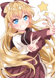 Rule 34 | 1girl, blonde hair, blue eyes, blurry, blush, bow, brown sailor collar, commentary request, depth of field, double v, dress, floating hair, grin, hair bow, happy, jacket, layered sleeves, long hair, long sleeves, looking at viewer, nanamori school uniform, pleated dress, red bow, red dress, sailor collar, school uniform, short over long sleeves, short sleeves, simple background, smile, solo, standing, star (symbol), toshinou kyouko, usagi koushaku, v, very long hair, white background, white jacket, yuru yuri