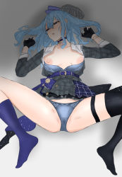 Rule 34 | 1girl, absurdres, arms up, asymmetrical legwear, belt, blue bra, blue hair, blue panties, bra, bracelet, breasts, breasts out, calf socks, choker, collarbone, fingerless gloves, fingernails, gloves, grey hat, hair between eyes, hat, highres, hime apple, hololive, hoshimachi suisei, hoshimachi suisei (1st costume), jewelry, looking to the side, lying, mismatched legwear, nipples, on back, open clothes, open mouth, panties, shadow, simple background, skirt, small breasts, solo, spread legs, thigh strap, thighhighs, underwear, virtual youtuber, wet, wet hair, white background