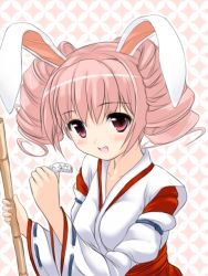Rule 34 | animal ears, curly hair, japanese clothes, miko, pink eyes, pink hair, rabbit ears, solo, uni8