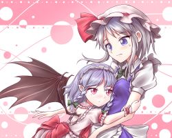 Rule 34 | 2girls, alternate hairstyle, apron, bad id, bad twitter id, bat wings, blue eyes, blue hair, blush, bow, braid, hair bow, hair ornament, hairstyle switch, hat, hat ribbon, head on chest, headwear switch, hug, izayoi sakuya, looking at another, looking down, looking up, maid headdress, minust, mob cap, multiple girls, pointy ears, puffy sleeves, red eyes, remilia scarlet, ribbon, sash, shirt, short sleeves, silver hair, skirt, skirt set, sweatdrop, touhou, twin braids, upper body, vest, waist apron, white background, wings, wrist cuffs