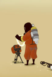 Rule 34 | 1boy, androgynous, flamethrower, flower, flower necklace, gas mask, gloves, jewelry, lei, male focus, mask, necklace, pyro (tf2), red pyro (tf2), sentry, simple background, solo, standing, team fortress 2, weapon, who93