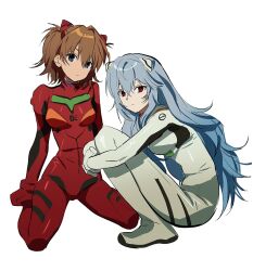 Rule 34 | 2girls, alternate hair length, alternate hairstyle, ayanami rei, betti (xx betti), blue hair, bodysuit, brown hair, evangelion: 3.0+1.0 thrice upon a time, highres, interface headset, light blue hair, long hair, looking at viewer, messy hair, multiple girls, neon genesis evangelion, official alternate hair length, official alternate hairstyle, plugsuit, rebuild of evangelion, red bodysuit, short hair, simple background, sitting, souryuu asuka langley, squatting, wariza, white background, white bodysuit