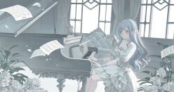 Rule 34 | 1girl, bang dream!, bang dream! it&#039;s mygo!!!!!, blue hair, chinese commentary, choker, closed mouth, collarbone, commentary request, couch, curtains, dress, flower, grand piano, highres, indoors, instrument, long hair, music, papers, piano, playing instrument, playing piano, rose, sheet music, sitting, smile, solo, togawa sakiko, white choker, white dress, white flower, white rose, window, xukong, yellow eyes