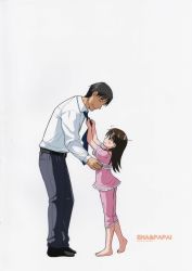 Rule 34 | 1boy, 1girl, adjusting another&#039;s clothes, adjusting clothes, adjusting necktie, ayase ena, barefoot, belt, bizen, black hair, blush, brown eyes, brown hair, character name, closed eyes, cover, father and daughter, feet, flying sweatdrops, formal, highres, leaning forward, long hair, mr ayase, necktie, no shoes, pajamas, pants, pink pajamas, plantar flexion, scan, shirt, short hair, smile, socks, standing, tying necktie, white background, yotsubato!