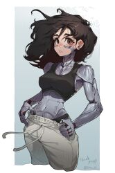 Rule 34 | 1girl, abs, absurdres, alita, battle angel alita, black hair, breasts, brown eyes, commentary request, cyborg, frown, hand on own hip, highres, jeehyung seo, korean commentary, long hair, looking at viewer, pants, robot girl, sideboob, signature, solo, tank top, track pants