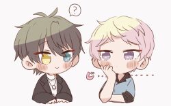 Rule 34 | 2boys, ?, black jacket, blue eyes, blush, chibi, closed mouth, commentary, dot nose, ensemble stars!, green hair, grey background, hand on own cheek, hand on own face, hand up, heterochromia, itsuki shu, jacket, jewelry, kagehira mika, lapels, long sleeves, looking at another, looking at viewer, male focus, multiple boys, necklace, no pupils, notched lapels, open clothes, open jacket, pink hair, purple eyes, ring, ring necklace, roki (enst rova), short bangs, short hair, simple background, sleeves past elbows, smile, spoken question mark, star (symbol), star in eye, symbol in eye, turtleneck, upper body, valkyrie (ensemble stars!), white background, yellow eyes