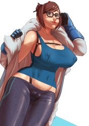Rule 34 | 1girl, absurdres, breasts, brown eyes, brown hair, cameltoe, cleavage, coat, covered erect nipples, curvy, dildo, fur coat, glasses, highres, huge breasts, john doe, looking at viewer, mei (overwatch), overwatch, overwatch 1, sex toy, solo, stomach, undressing, vibrator, vibrator under clothes, wide hips