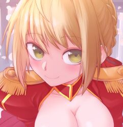 Rule 34 | 1girl, ahoge, blonde hair, blush, braid, braided bun, breasts, cleavage, close-up, closed mouth, collarbone, cropped, dress, epaulettes, falling petals, fate/extra, fate (series), french braid, green eyes, grey background, hair bun, hair up, highres, jacket, kikumaru bunta, large breasts, long sleeves, looking at viewer, nero claudius (fate), nero claudius (fate) (all), nero claudius (fate/extra), open clothes, open jacket, out-of-frame censoring, paid reward available, petals, portrait, puffy sleeves, red dress, single hair bun, smile, solo, upturned eyes