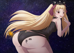 Rule 34 | 2girls, anger vein, annoyed, ass, bare shoulders, black hair, blonde hair, blush, breasts, crown, destruction, ereshkigal (fate), fate/grand order, fate (series), from behind, giant, giantess, hair ribbon, highres, huge ass, ishtar (fate), leaning, leaning forward, long hair, looking back, looking down, mini person, minigirl, multiple girls, open mouth, panties, parted lips, red eyes, ribbon, shiny skin, sideboob, single thighhigh, smile, thedaibajin, thighhighs, tohsaka rin, two side up, underwear