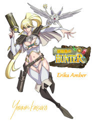 Rule 34 | 1girl, artist name, blonde hair, boots, breasts, character name, creature, curvy, elbow gloves, erica amber, fingerless gloves, full body, gloves, green eyes, gun, high ponytail, holding, holding gun, holding weapon, jumping, katsura yoshihiro, kohakuiro no hunter, large breasts, long hair, looking at viewer, official art, panties, revealing clothes, shiny skin, side-tie panties, simple background, translation request, underwear, very long hair, weapon, yellow background