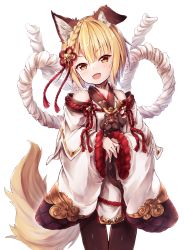 Rule 34 | 1girl, :d, animal, animal ears, black pantyhose, blonde hair, braid, choker, cowboy shot, dog, dog ears, dog tail, granblue fantasy, hair ornament, holding, holding animal, japanese clothes, long sleeves, looking at viewer, open mouth, pantyhose, rope, shimenawa, short hair, simple background, smile, solo, sorairo len, standing, tail, vajra (granblue fantasy), white background, wide sleeves, yellow eyes