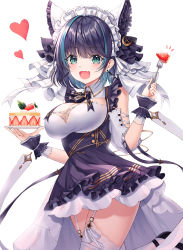 Rule 34 | 1girl, aqua eyes, azur lane, bare shoulders, black dress, black hair, black neckwear, black ribbon, blush, breasts, cake, cake slice, cheshire (azur lane), cleavage, commentary request, cowboy shot, detached sleeves, dress, earrings, fang, food, fork, frilled dress, frills, fruit, garter straps, hairband, hands up, heart, highres, holding, holding fork, holding plate, jewelry, large breasts, looking at viewer, maid, maid headdress, multicolored hair, nowsicaa, open mouth, plate, ribbon, short hair, short sleeves, simple background, sleeveless, slit pupils, smile, solo, strawberry, streaked hair, thighhighs, white background, white thighhighs, wrist cuffs