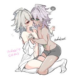 Rule 34 | 2boys, after kiss, alternate eye color, alternate hair color, alternate hair length, alternate hairstyle, alternate skin color, blush, collarbone, command spell, dark-skinned male, dark skin, dress shirt, dual persona, fate/apocrypha, fate (series), green eyes, grey hair, grey male underwear, hair between eyes, hair intakes, haoro, heart, holding hands, hug, interlocked fingers, kneehighs, male focus, male underwear, medium hair, messy hair, multiple boys, open clothes, open shirt, red eyes, saliva, saliva trail, scar, scar on stomach, shirt, sieg (fate), siegfried (fate), signature, simple background, socks, spoken heart, thighhighs, thighs, tongue, tongue out, underwear, white background, white shirt, white socks, yaoi