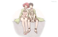 Rule 34 | 1boy, 1girl, alternate costume, bare legs, breasts, chest jewel, closed eyes, full body, large breasts, leaning on person, mochimochi (xseynao), o-ring, pyra (xenoblade), red hair, rex (xenoblade), sandals, shared blanket, shirt, short hair, shorts, shoulder-to-shoulder, simple background, sitting, sleeping, sleeping upright, smile, swept bangs, twitter username, white background, xenoblade chronicles (series), xenoblade chronicles 2