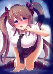 Rule 34 | 1girl, all fours, amisu, blush, breasts, brown hair, cum, cum in mouth, cum on hair, finger to mouth, hair ribbon, hanging breasts, himekaidou hatate, large breasts, long hair, looking at viewer, necktie, penis, purple eyes, ribbon, shadow, shirt, solo, solo focus, tears, touhou, twintails, white shirt