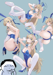 Rule 34 | 1girl, absurdres, animal ears, armpits, doodle sensei (blue archive), ass, auguste, blonde hair, blue archive, blue eyes, blue leotard, bow, bowtie, breasts, commentary request, detached collar, fake animal ears, halo, highleg, highleg leotard, highres, leotard, long hair, looking at viewer, medium breasts, multiple pov, official alternate costume, pantyhose, playboy bunny, pov, rabbit ears, sensei (blue archive), solo, squatting, thighhighs, toki (blue archive), toki (bunny) (blue archive), very long hair, white pantyhose, white thighhighs, wrist cuffs