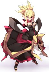 Rule 34 | 1girl, arm between breasts, black dress, black footwear, black wings, blonde hair, boots, bow, breasts, closed mouth, commentary request, disgaea, dress, earrings, full body, gradient background, grey background, hair between eyes, hand up, highres, holding, jewelry, karukan (monjya), looking at viewer, makai senki disgaea 2, medium breasts, nail polish, pointy ears, ponytail, purple eyes, rozalin, sidelocks, smile, solo, standing, strapless, strapless dress, white background, wings, yellow bow