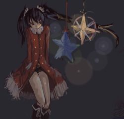 Rule 34 | 10s, 1girl, black hair, black rock shooter, black rock shooter (character), boots, christmas, christmas ornaments, coat, fur trim, hands in pockets, heterochromia, knee boots, long hair, panties (pantsu-pirate), red coat, short shorts, shorts, solo, twintails