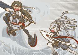 Rule 34 | 2girls, abyssal crane princess, abyssal ship, adobe illustrator (medium), anchor, armor, artist request, bow (weapon), breastplate, cherry blossoms, colored skin, detached sleeves, gloves, hair between eyes, hair down, headband, horns, japanese clothes, jinbaori, kantai collection, long hair, multiple girls, muneate, red eyes, remodel (kantai collection), waves, weapon, white hair, white skin, zuikaku (kancolle)