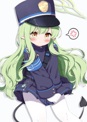 Rule 34 | 1girl, absurdres, black hat, black shirt, black skirt, black tail, blue archive, blush, closed mouth, demon tail, g4ku, gloves, green hair, green halo, halo, hat, highlander sidelocks conductor (blue archive), highres, long hair, long sleeves, looking at viewer, pantyhose, peaked cap, pleated skirt, pointy ears, shirt, simple background, skirt, solo, tail, white background, white gloves, white pantyhose, yellow eyes