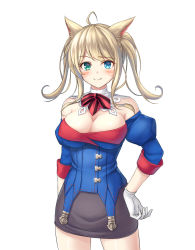 Rule 34 | 10s, 1girl, ahoge, animal ears, arm behind back, bad id, bad pixiv id, bare shoulders, blonde hair, breasts, cleavage, closed mouth, cowboy shot, detached collar, detached sleeves, facial mark, fang, fang out, final fantasy, final fantasy xiv, gloves, hand on own hip, heterochromia, highres, juliet sleeves, large breasts, long hair, long sleeves, looking at viewer, miqo&#039;te, puffy sleeves, simple background, smile, solo, thighs, tiphereth, twintails, warrior of light (ff14), white background, white gloves