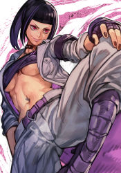 Rule 34 | 1girl, alternate costume, bandeau, belt, black hair, blunt bangs, boots, breasts, brown nails, capcom, closed mouth, colored inner hair, fighting stance, fingernails, han juri, hand on own knee, hungry clicker, jacket, long sleeves, medium breasts, medium hair, multicolored hair, nail polish, navel piercing, o-ring collar, open clothes, open jacket, pants, piercing, ponytail, purple belt, purple footwear, purple hair, red eyes, sanpaku, smile, solo, standing, standing on one leg, stomach, street fighter, street fighter v, two-tone hair, underboob, white jacket, white pants