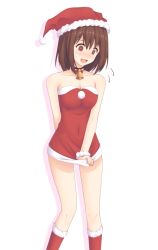 Rule 34 | 1girl, bare shoulders, bell, boots, bow, breasts, brown eyes, brown hair, character request, christmas, cleavage, collar, collarbone, covered navel, dress, dress tug, embarrassed, hat, medium breasts, neck bell, open mouth, princess connect!, red bow, red dress, red hat, santa boots, santa costume, santa hat, short hair, simple background, solo, strapless, strapless dress, white background, yui (princess connect!), yui (real) (princess connect!), yyi