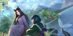 Rule 34 | 3girls, :d, animal ears, arm support, black footwear, blue bow, blue hair, blue tail, bow, brooch, brown hair, bush, cloak, closed eyes, cloud, cloudy sky, day, dress, facing another, fins, fish tail, grass, green kimono, hair bow, head wings, highres, imaizumi kagerou, japanese clothes, jewelry, kimono, lake, long hair, looking at another, mermaid, monster girl, mountain, multiple girls, non-web source, obi, official art, open mouth, outdoors, parted bangs, peperon (peperou), red cloak, red eyes, red hair, sash, second-party source, sekibanki, shoes, short hair, sitting, sky, smile, tail, teeth, tongue, touhou, touhou lostword, upper teeth only, wakasagihime, water, white dress, wings, wolf ears