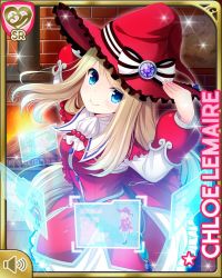 Rule 34 | 1girl, blonde hair, blue eyes, bow, card, character name, chloe lemaire, closed mouth, dress, girlfriend (kari), hat, indoors, long hair, official art, qp:flapper, red bow, red dress, red hat, smile, solo, tagme, witch, witch hat