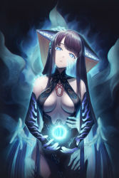 Rule 34 | 1girl, arm support, armpits, aura, bare shoulders, black dress, black eyes, black gloves, black hair, black headwear, black thighhighs, blue eyes, blunt bangs, breasts, breasts apart, center opening, cowboy shot, cupping hands, dress, elbow gloves, extra arms, fate/grand order, fate (series), fingerless gloves, gloves, glowing, hair ornament, halter dress, halterneck, hand on another&#039;s head, hand on another&#039;s shoulder, hand on another&#039;s thigh, hand on own cheek, hand on own face, head tilt, headgear, highres, large breasts, long hair, looking at viewer, maoh yueer, orb, own hands together, purple hair, side slit, sleeveless, sleeveless dress, solo focus, straight hair, thighhighs, tiger stripes, transparent, very long hair, yang guifei (fate), yang guifei (third ascension) (fate)