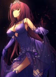 Rule 34 | 1girl, alternate costume, black background, breasts, clothes lift, covered erect nipples, dress, dress lift, elbow gloves, fate/grand order, fate (series), flower, gloves, hair between breasts, hair flower, hair ornament, highres, kawanakajima, large breasts, long hair, looking at viewer, looking down, purple background, purple dress, purple gloves, purple hair, red eyes, scathach (fate), scathach (formal dress) (fate), see-through, smile, solo, thighhighs, tiara, very long hair