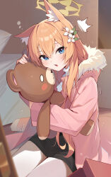 Rule 34 | 1girl, ^^^, absurdres, alternate costume, animal ear fluff, animal ears, black skirt, blue archive, blurry, blush, depth of field, double-parted bangs, flower, fox ears, fur-trimmed jacket, fur trim, hair between eyes, hair flower, hair ornament, halo, highres, hugging doll, hugging object, indoors, jacket, light particles, long sleeves, looking at viewer, mari (blue archive), medium hair, muo (muojjang 0929), open mouth, orange hair, pink jacket, skirt, solo, stuffed animal, stuffed toy, teddy bear, turtleneck, white flower, yellow halo