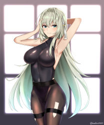Rule 34 | 1girl, absurdres, armpits, arms up, black leotard, epic seven, gradient hair, green eyes, green hair, grey hair, hair ornament, highres, leotard, long hair, multicolored hair, pantyhose, politis (epic seven), skin tight, smile, solo, thigh strap, twomoon