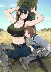 Rule 34 | 1boy, 1girl, abs, age difference, armor, armored boots, armpits, bandages, belt, black hair, boots, breasts, brown hair, bush, child, closed mouth, commentary request, earrings, highres, jewelry, large breasts, noah (onna kishi to kemonomimi no ko), olivia (onna kishi to kemonomimi no ko), one eye closed, onee-shota, onna kishi to kemomimi no ko, open mouth, pants, shiny skin, sky, sleepy, sword, tight clothes, toned, tree, turbo engine (rakugaki tabo), weapon