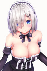 Rule 34 | 10s, 1girl, alternate costume, bare shoulders, blue eyes, bow, bowtie, breasts, corset, detached collar, gothic lolita, hair ornament, hair over one eye, hairband, hairclip, hamakaze (kancolle), kantai collection, large breasts, lolita fashion, lolita hairband, looking at viewer, short hair, silver hair, simple background, solo, tapisuke, upper body, white background