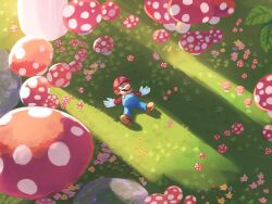 Rule 34 | 1boy, blue overalls, blue pants, brown footwear, brown hair, buttons, closed eyes, day, facial hair, flower, full body, giant mushroom, gloves, grass, hat, highres, long sleeves, lying, mario, mario (series), mushroom, mustache, nintendo, on back, on grass, outdoors, outstretched arms, overalls, pants, pink flower, red hat, red shirt, rock, shadow, shirt, shoes, short hair, solo, spread arms, sunlight, the super mario bros. movie, white gloves, ya mari 6363, yellow flower