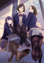Rule 34 | 3girls, black legwear, blue eyes, blue hair, blush, brown eyes, brown hair, chair, character request, classroom, day, desk, feet, foot focus, from below, indoors, long hair, looking at viewer, miru tights, mole, mole under eye, multiple girls, no shoes, official art, pantyhose, pov, presenting foot, school uniform, sitting, smile, soles, standing, standing on one leg, toes, window, yomu (sgt epper)