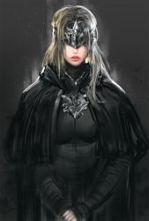Rule 34 | 1girl, black background, blonde hair, breasts, cloak, covered eyes, dark souls (series), dark souls iii, dopey (dopq), fire keeper, gradient background, highres, jewelry, large breasts, light particles, long hair, long sleeves, looking at viewer, mask, necklace, own hands together, parted lips, solo, teeth