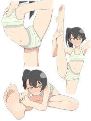 Rule 34 | 1girl, barefoot, black hair, blush, bra, cropped legs, feet, flat chest, flexible, foreshortening, full-face blush, green eyes, head out of frame, leg up, long hair, midriff, multiple views, navel, original, out of frame, salpin, side ponytail, simple background, smile, soles, sports bra, stretching, underwear, white background