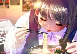 Rule 34 | 1girl, absurdres, akina bbw, artist name, blurry, blurry background, bowl, buttons, character request, chopsticks, closed eyes, copyright request, depth of field, eating, egg (food), food, highres, holding, holding chopsticks, long hair, long sleeves, noodles, parted lips, ramen, red lips, solo, twitter username, upper body