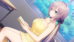 Rule 34 | 1girl, :o, bare arms, bare legs, bare shoulders, blonde hair, blue eyes, blush, book, breasts, chair, classroom, cleavage, desk, dutch angle, female focus, game cg, hands up, highres, holding, holding book, indoors, large breasts, legs, light blush, long hair, looking at viewer, naked towel, nekonyan, original, parted lips, serizawa chisa, sitting, solo, thighs, tonari ni kanojo no iru shiawase ~two farce~, towel, twintails, window, yellow towel