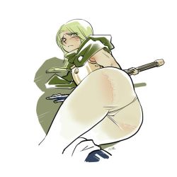 Rule 34 | 1boy, ass, cape, closed mouth, frog (chrono trigger), gloves, long hair, looking at viewer, panties, see-through, simple background, solo, underwear, white background