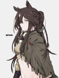Rule 34 | 1girl, anchun (quail0503), animal ears, arknights, black hair, braid, breasts, capelet, character name, commentary, crop top, green eyes, grey background, grey capelet, hair between eyes, highres, horse ears, long hair, looking at viewer, medium breasts, meteor (arknights), midriff, multicolored hair, navel, parted lips, ponytail, sidelocks, simple background, solo, stomach, streaked hair, symbol-only commentary, upper body, white hair