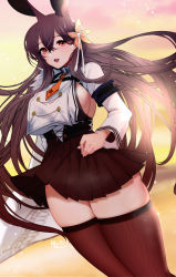 Rule 34 | animal ears, azur lane, blush, breasts, brown skirt, character request, chikuma (azur lane), crossed bangs, hachimitsu hinako, hair ornament, large breasts, long hair, long sleeves, looking at viewer, necktie, parted lips, pleated skirt, rabbit ears, red eyes, red neckwear, red thighhighs, sideboob, skindentation, skirt, smile, thighhighs, thighs