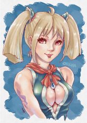 Rule 34 | 1girl, arm tattoo, blonde hair, breasts, brown eyes, center opening, chrono cross, cleavage, cleavage cutout, closed mouth, clothing cutout, highres, jewelry, lips, long hair, looking at viewer, medium breasts, orlha (chrono cross), ryon (yasagure un), smile, solo, tattoo, twintails