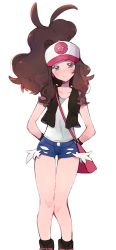 Rule 34 | 1girl, arms behind back, bag, baseball cap, black vest, blue shorts, blush, boots, brown hair, closed mouth, commentary, cowlick, creatures (company), eyelashes, game freak, green eyes, hat, high ponytail, highres, hilda (pokemon), knees, looking at viewer, misha (ohds101), nintendo, open clothes, open vest, pink bag, pokemon, pokemon bw, shirt, short shorts, shorts, shoulder bag, simple background, sleeveless, sleeveless shirt, solo, standing, symbol-only commentary, thigh gap, vest, white background, white shirt