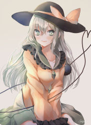Rule 34 | 1girl, alternate hair length, alternate hairstyle, black hat, blush, bow, breasts, closed mouth, collarbone, frilled shirt, frilled sleeves, frills, green eyes, green hair, green skirt, grey background, hair between eyes, hat, hat bow, hat ornament, heart, heart of string, highres, komeiji koishi, long hair, long sleeves, looking at viewer, shiromoru (yozakura rety), shirt, signature, simple background, sitting, skirt, small breasts, smile, solo, straight hair, third eye, touhou, yellow bow, yellow shirt