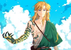 Rule 34 | 1boy, alternate costume, archaic set (zelda), belt, blonde hair, blue eyes, brown belt, closed mouth, cloud, collarbone, day, earrings, hanaberin, jewelry, link, long hair, looking at viewer, male focus, messy hair, nintendo, outdoors, pointy ears, ring, serious, smile, solo, sparkle, the legend of zelda, the legend of zelda: breath of the wild, the legend of zelda: tears of the kingdom, toga, twitter username